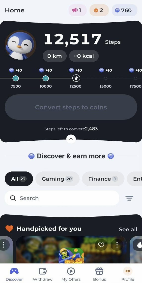 PenguPace main dashboard showing step counter, milestone progress, and step conversion button